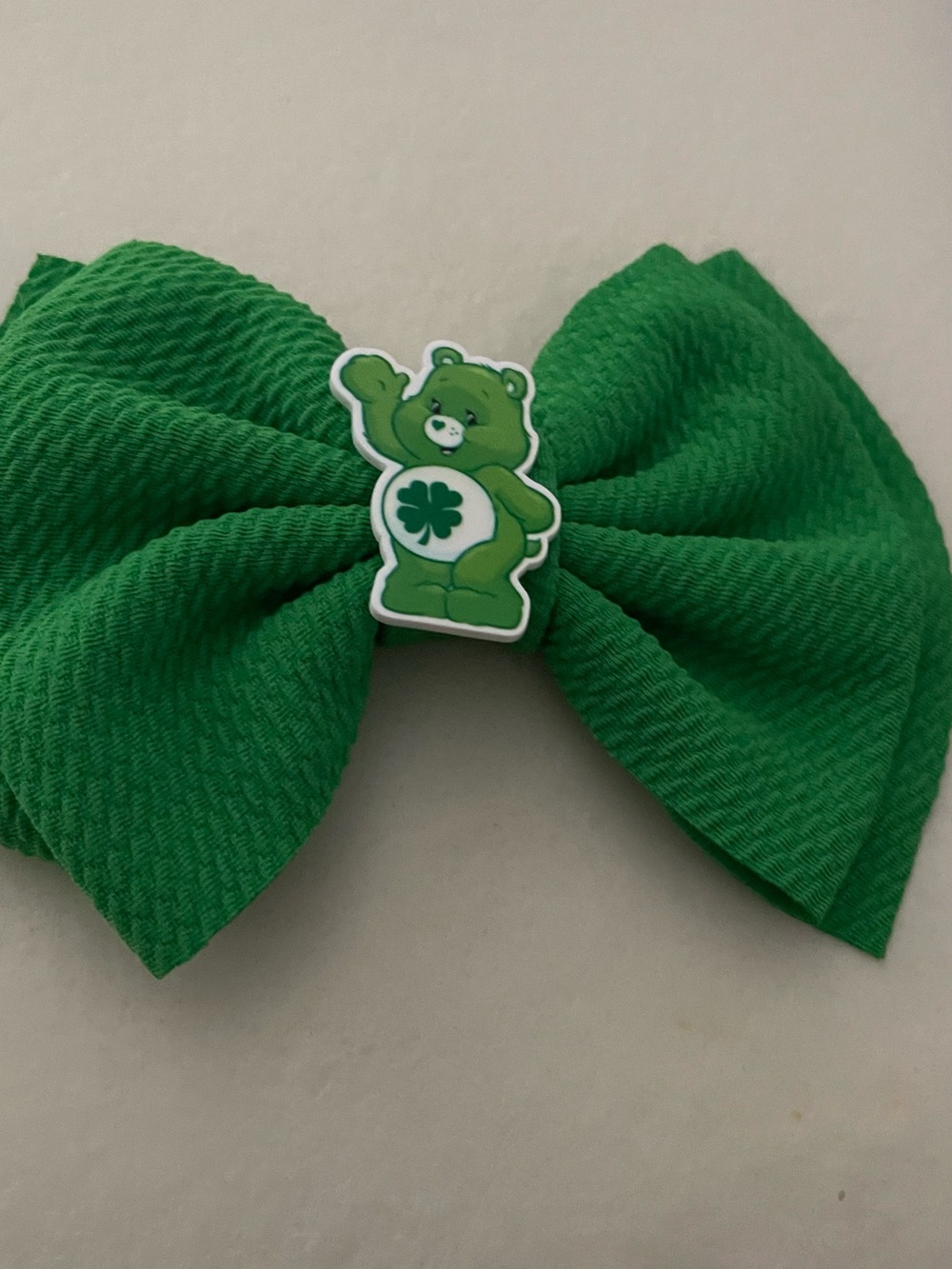 Green Bow Hair Clip with Shamrock Bear Charm